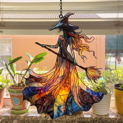 Scary Witch Acrylic Suncatcher Stained Glass Effect Window Car Hanging Christmas Ornament Indoor Outdoor Decor Garden Sun Catcher Panel for Halloween Lover for Women Mom Grandma
