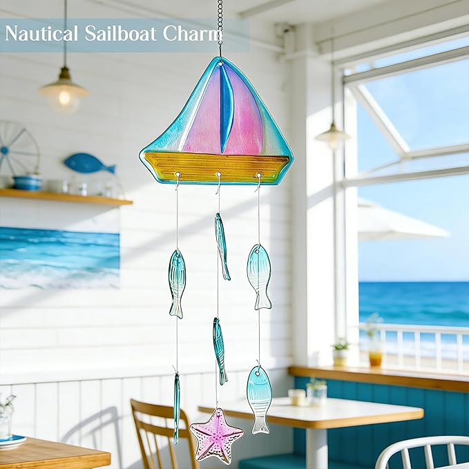 H&D HYALINE & DORA 23.5 Inch Glass Wind Chimes Colorful Sailboat Decor Hanging for Outside Glass Fish Wind Chime Outdoor Decor for Harmonic Porch, Patio & Garden
