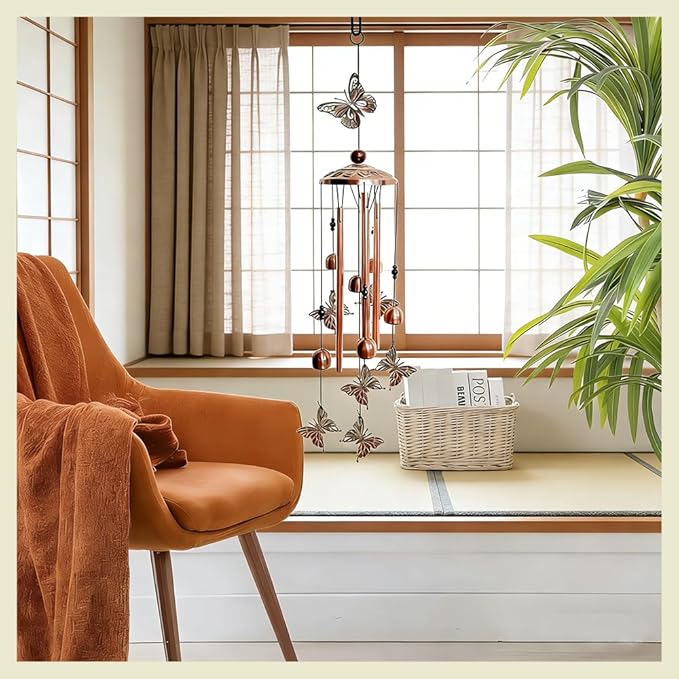 Retro Wind Chimes Metal Pipe Musical Wind Chimes for Outside Suitable Garden Decor、Home Decor Patio Decoration，Wind Catcher Friends Gift Condolence Gifts with Soothing Sound (Bronze-Butterfly)