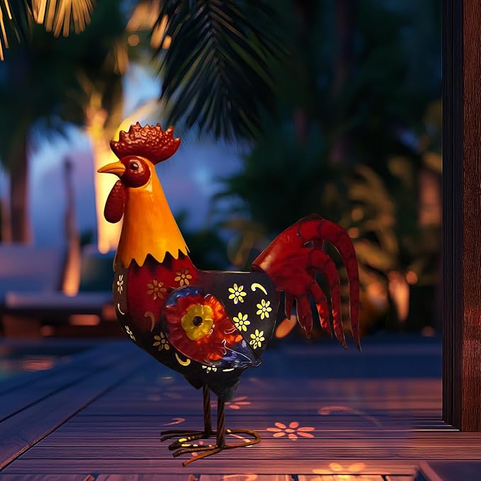 HONGLAND Metal Chicken Yard Art,18" Solar Rooster Garden Statues Outdoor,Farm Animal Lawn Decorations Outside,Unique Gift for Home Decor & Rooster Lovers