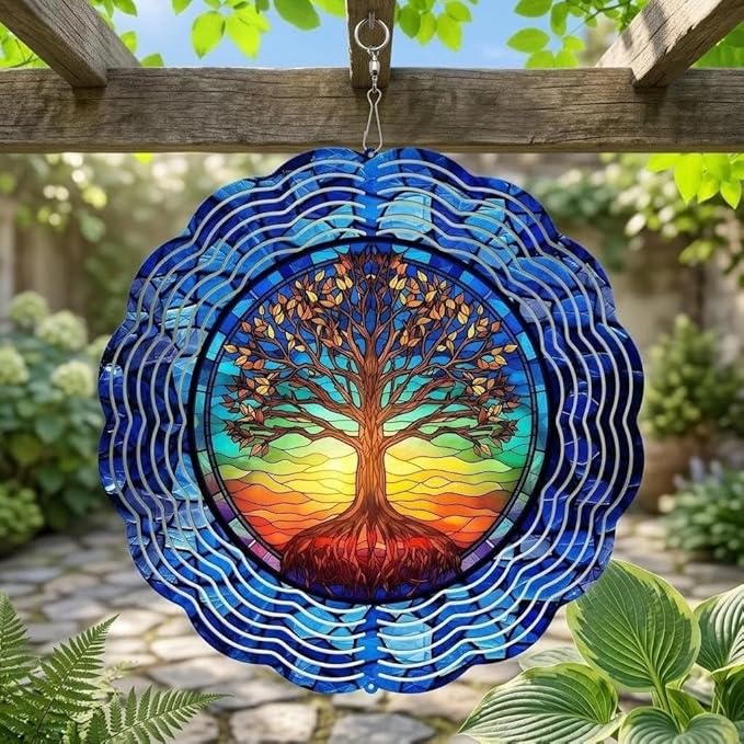 Tree of Life Wind Spinner, Unique 12Inch 3D Stainless Steel Wind Spinner, Birthday Gifts for Women Men,Hanging Decor for Outdoor Garden Patio Porch