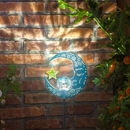 Hapjoy Outdoor Solar Lights Garden Decor for Patio,Lawn or Pathway Moon Decorations Crackle Glass Globe Stake Metal Lights Waterproof Warm LED Garden Gifts (Blue)