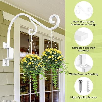 Swivel Plant Hangers Outdoor: 2 Pack 16 Inch Metal Hanging Plant Bracket Sturdy Wrought Iron Plant Hooks Indoor Wall Mount for Hanging Bird Feeders, Lanterns, Flower Baskets, Wind Chimes, White