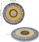 PINPON 4 Pack Sunflower Stepping Stones – 10 Inch Cement Garden Pavers with Colorful Pebble Border, Hand-Painted Outdoor Walkway Stones, Weather-Resistant Decorative Path Stones for Patio & Yard