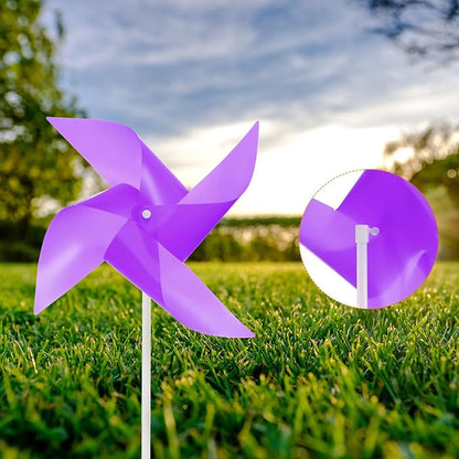 HARFINGTON 50pcs Windmills for The Yard Garden 15" x 7.5" 4 Leaves Pinwheels Wind Mills Spinners Windproof Waterproof Bird Devices with Stakes for Patio Decor, Purple