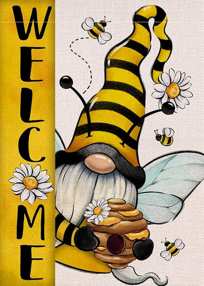 Welcome Spring Summer Bumble Bee Gnome Decorative Garden Flag, Honeycomb Daisy Flower Spring Yard Outside Decorations, Burlap Farmhouse Outdoor Small Home Decor Double Sided 12 x 18