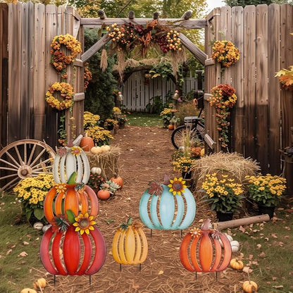 hogardeck Fall Decorations for Home Outdoor, 2 PCS 34" Decorative Garden Stakes with 6 Stacked Pumpkins for Fall Decor, Metal Yard Signs for Garden Home Lawn Patio Thanksgiving