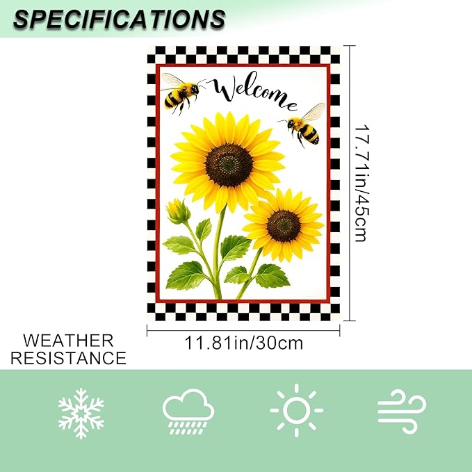 IVN Welcome Garden Flag 12x18 Inch Double Sided Spring Summer Yard Flags Sunflower Bees Decorative Small Flags for Outdoor Seasonal Front Door Lawn Porch Patio Decor Yard Flag