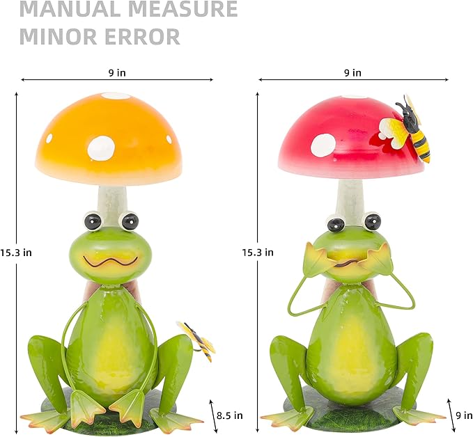 15.3" Large Frog Decor Set of 2, Handcrafted 3D Lifelike Metal Frog with Mushroom Sculpture, Outdoor Yard Art for Garden, Lawn & Home, Ideal Gift for Mom, Women on Mother’s Day & Housewarming