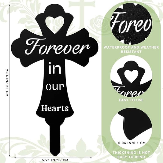 Grave Decorations for Cemetery: Forever in Our Hearts Metal Pet Grave Marker - Cross Sympathy Memorial Stake for Outdoor. Ideal Gifts to Honor The Memory of Departed Loved Ones(9.8 x 5.6'')