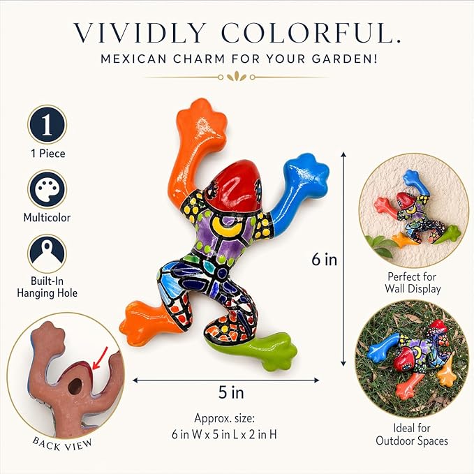 Colorful Garden Decor Frog - Ceramic Mexican Home Decor Talavera - Hand Painted in Mexico - Mexican Wall Decor - Multicolor Frog in Gift Box - Rana Multicolor