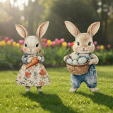 2 Pcs Easter Metal Vintage Bunny Yard Signs, Retro Bunny Couple Easter Decorations Outdoor, Farmhouse Rustic Rabbit Hanging Wall Decor with Carrot Eggs for Home Family Outside Spring Patio