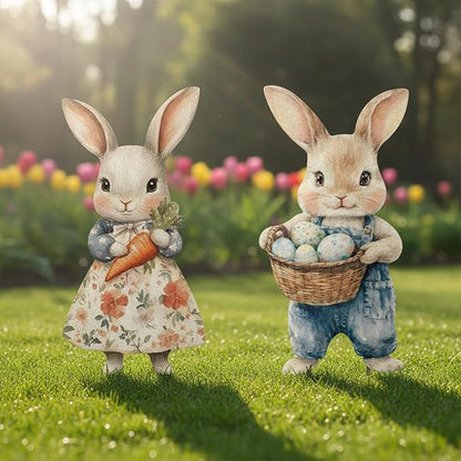 2 Pcs Easter Metal Vintage Bunny Yard Signs, Retro Bunny Couple Easter Decorations Outdoor, Farmhouse Rustic Rabbit Hanging Wall Decor with Carrot Eggs for Home Family Outside Spring Patio