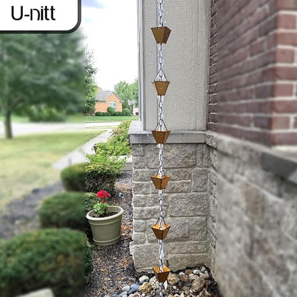 U-nitt Rain Chain Water Collection for Gutters Rainwater Catcher & Diverter, 8.5 FT Chains for Outside Garden, Golden Square Cups, Roof Downspout, Works with Heavy Rain, w/Gutter Clip for Rainchains