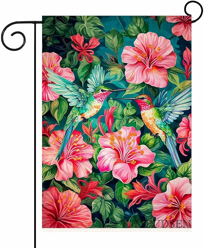 Spring Summer Garden Flag 12 x 18 Inch Double Sided, Colorful Hummingbird Floral Yard Flag Small Outdoor Decorative Flag for Garden Patio Lawn Decor