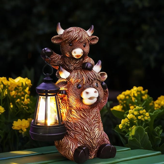 Solar Highland Cow Garden Decor - Resin Cow Statue with Solar Lantern Outdoor Yard Patio Decor - Ideal Gifts for Women,Mom Men (Copper)