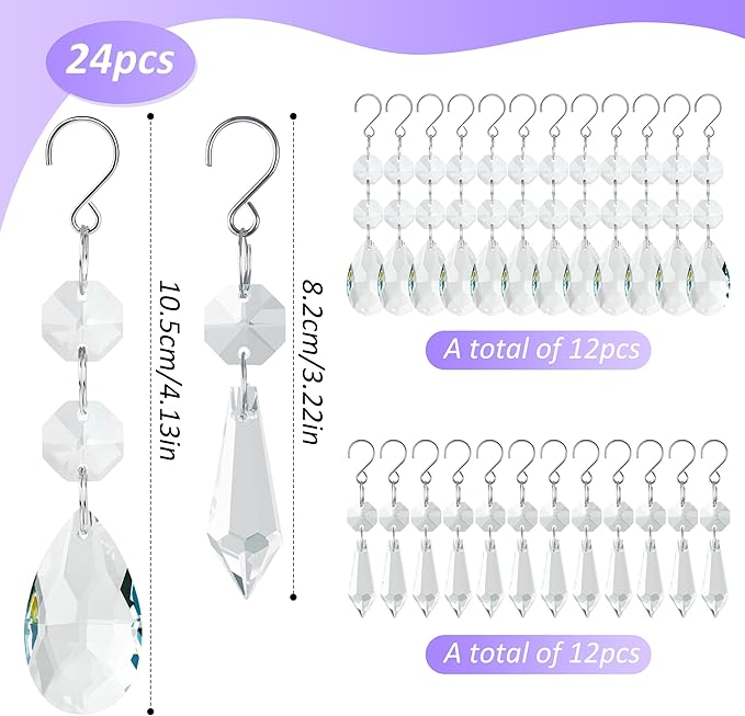 24pcs Crystal Sun Catcher, 38mm+15mm Hanging Clear Teardrops Crystals Chandelier Parts Prisms Pendants with Hook for Windows Lamps and Lanterns Party Decorations Home Decor (Clear Eardrop & Icicle)
