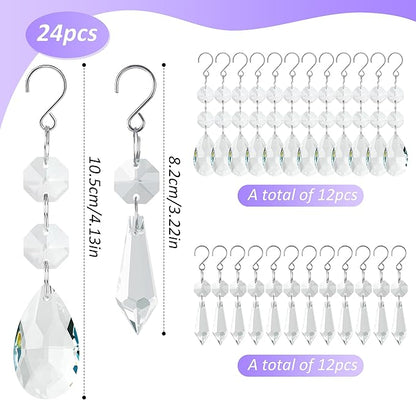 24pcs Crystal Sun Catcher, 38mm+15mm Hanging Clear Teardrops Crystals Chandelier Parts Prisms Pendants with Hook for Windows Lamps and Lanterns Party Decorations Home Decor (Clear Eardrop & Icicle)