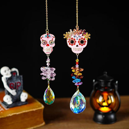 Skull-Shaped Colorful Rhinestones Pendant, Crystal Beads Chain with Glass Chandelier Suncatcher Drops Prisms Hang Ornament, Pack of 2