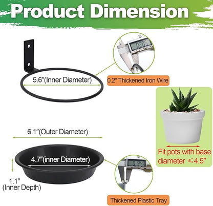 6 Inch Wall Mount Plant Holder with Saucer Trays, 6 Pack Heavy Duty Metal Flower Pot Holder Ring Plant Hanger for Wall Indoor, Ring Planter Bracket for Outside Outdoor Bird Feeder Bath