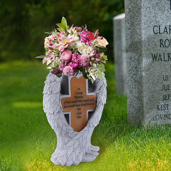 Grave Decorations for Cemetery， Heaven Angel Wing Cross, Graveyard Decorations, Vase with Solar LED Lamp, Resin Decorated Bereavement Statue, Gift in Memory of Relatives (White)
