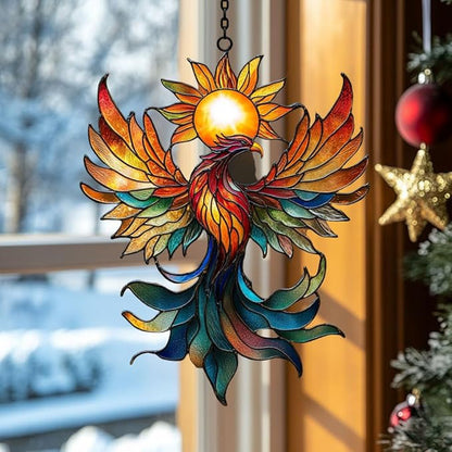 Vivid Phoenix with Sun Mosaic Acrylic Suncatcher Stained Glass Effect Window Car Hanging Christmas Ornament Indoor Outdoor Decor Garden Sun Catcher Panel for Boho Lover for Women Mom Grandma