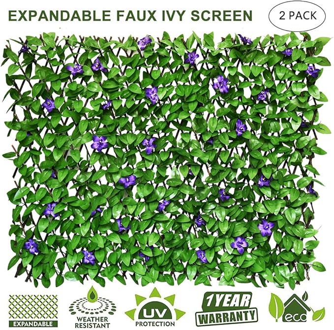 Expandable Fence Privacy Screen for Balcony Patio Outdoor,Decorative Faux Ivy Fencing Panel,Artificial Hedges (2, Purple Flower)