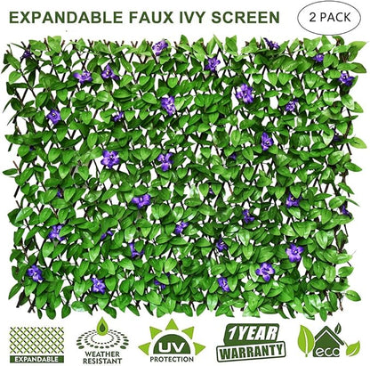 Expandable Fence Privacy Screen for Balcony Patio Outdoor,Decorative Faux Ivy Fencing Panel,Artificial Hedges (2, Purple Flower)