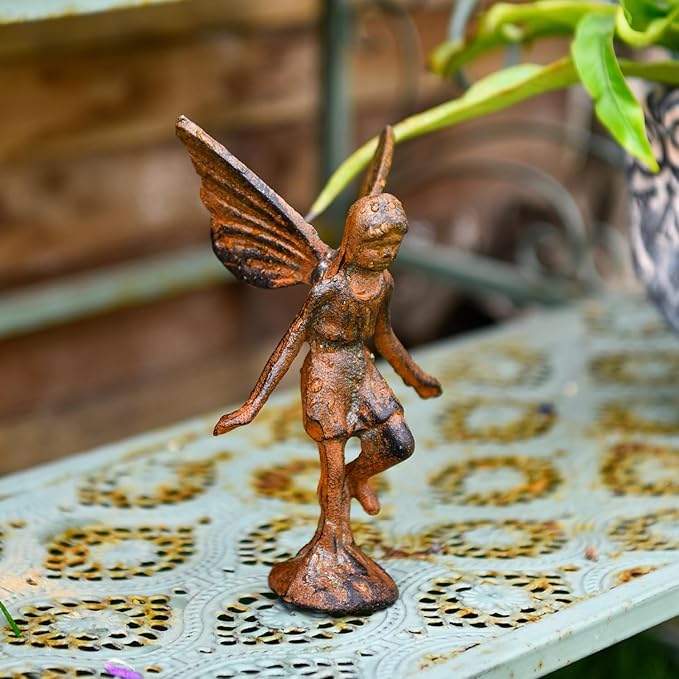 Sungmor Cast Iron Angel Statue, Rustic Brown Fairy Figurines, Creative Angel Pixie Collection Home Office Desk Decor, Indoor Outdoor Fairy Garden Accent Ornament