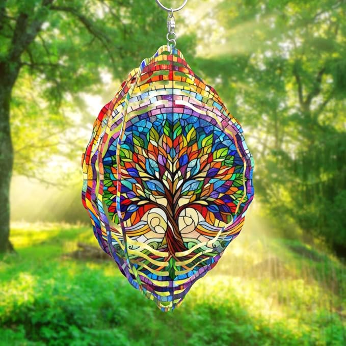 Tree of Life Wind Spinner 3D Stainless Steel Hanging Wind Spinners 10 Inch Stained Glass Style Multi-Color Kinetic Decor for Indoor and Outdoor Spaces Christmas