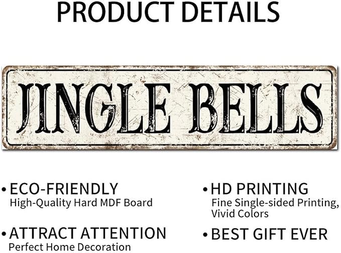 Madcolitote Ancient Retro Jingle Bells Wood Sign Jingle Bells Street Signs Customized Rustic Wooden Wall Art Farmhouse Wall Decor Kitchen Home Decor Signs Wall Hanging Sign 6x24in