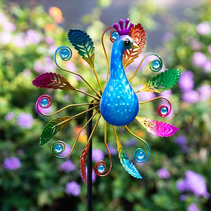 Colorful Peacock Wind Spinners Outdoor 2 Pcs, 38.2 Inch Tall Windmill for Yard Decor, Garden Wind Spinners with Vibrant Feather Design, Metal Garden Decor for Patio and Lawn