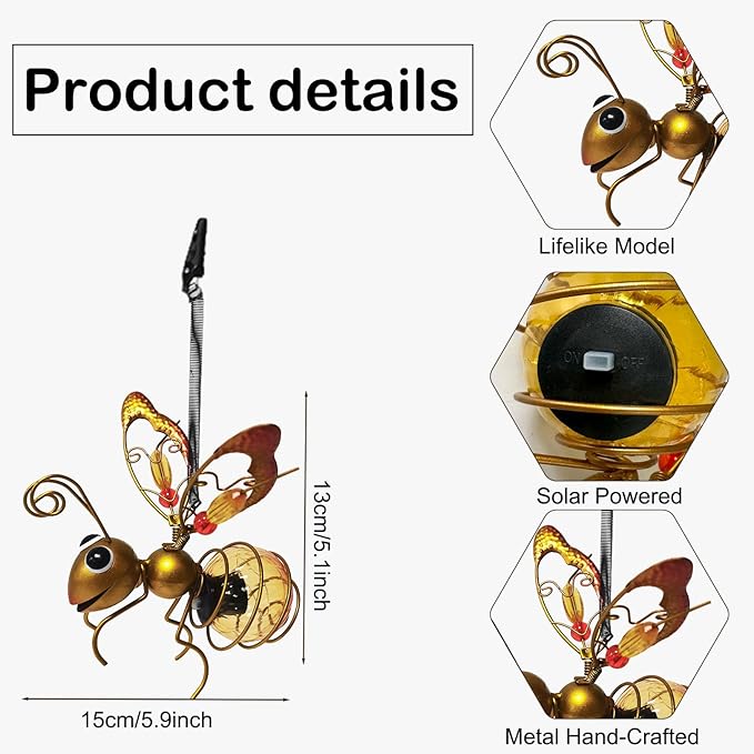 2 Pcs Waterproof Solar Hanging Bee Lights, Metal Bumblebee Figurine LED, Outdoor Garden Balcony Porch Spring Holiday Party Decoration