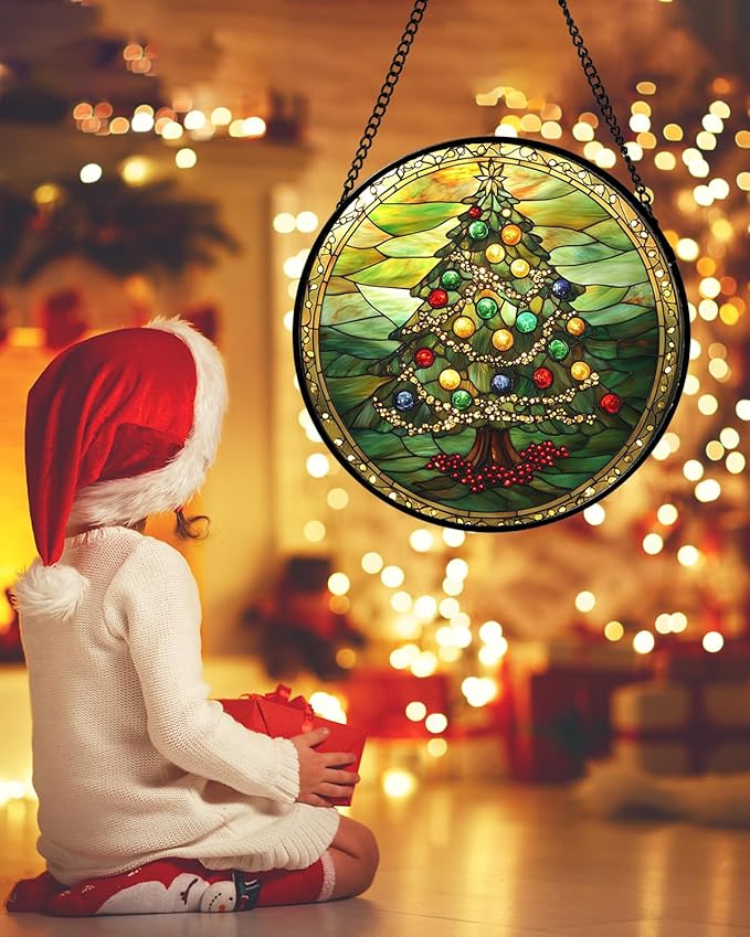 DASTOLL Stained Glass Window Hanging - Green Christmas Tree Gold Ribbon Suncatcher for Doors Home Christmas Decoration Sun Catcher Thanksgiving New Year Birthday Gifts for Women Men Mom Nana 9.8 in