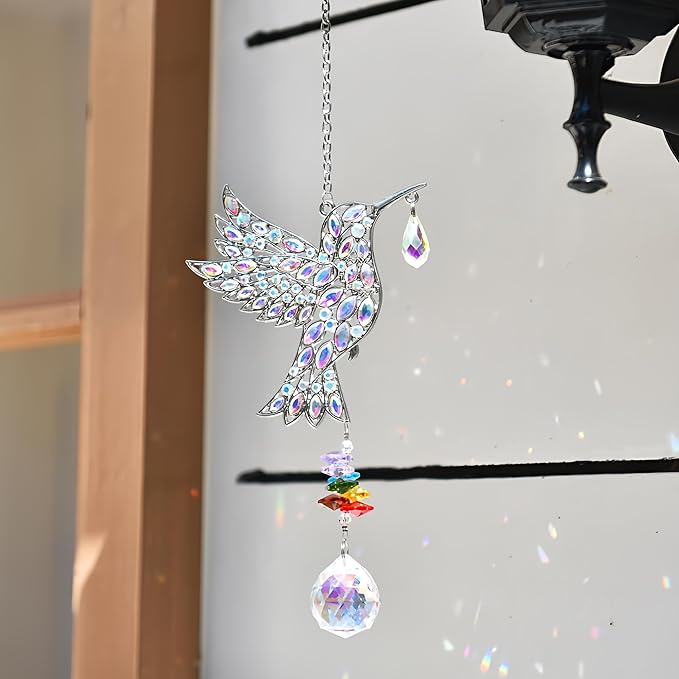 Hanging Silver Hummingbird Suncatcher, Crystal Hummingbird Suncatcher with Rainbow Prisms, Bird Decoration, Home Decoration, Birthday Gift