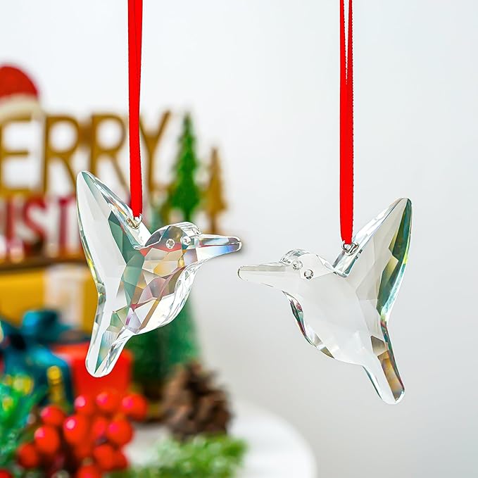 H&D HYALINE & DORA Set of 2 Crystal Hummingbird Suncatchers Rainbow Glass Hummingbird Sun Catcher Hanging Crystals for Window Garden Home Christmas Decor(3 inch)