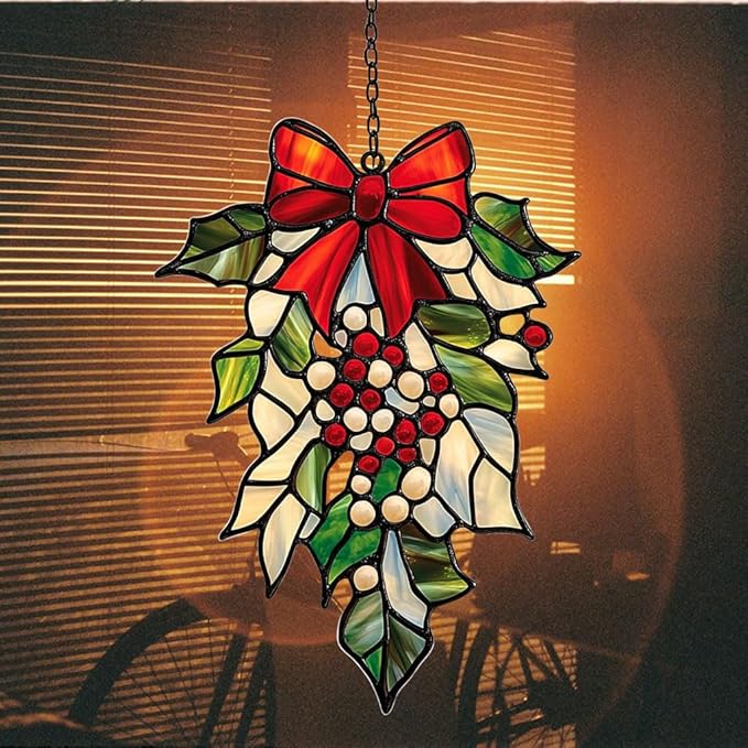 Mistletoe Acrylic Suncatcher Stained Glass Effect Window Car Hanging Christmas Ornament Indoor Outdoor Decor Garden Sun Catcher Panel for Christmas Lover for Women Mom Grandma