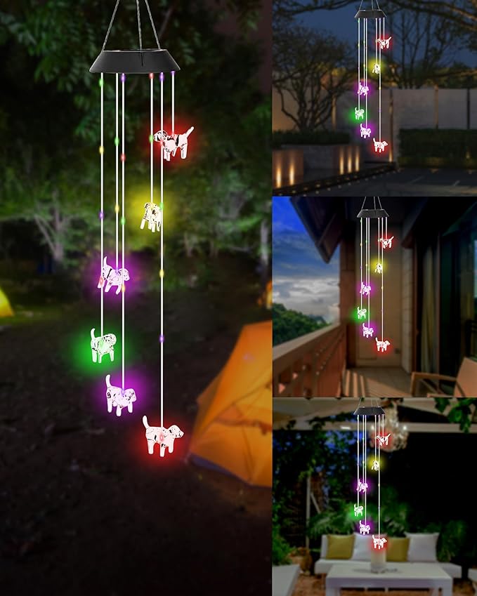 DOUBLEZHE Solar Wind Chimes for Outside, Color Changing Dog Wind Chime Outdoor Clearance, Birthday Gifts for Mom Women Grandma Wife Girls, Unique Garden Decor Colorful Patio Yard Party Decoration