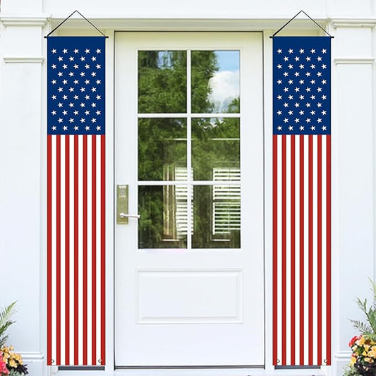 Memorial Day 4th of July Decorations, Large Hanging American Flag Door Banner, July Fourth Front Porch Decor for Home School Office Yard Patio Garage Outside, Patriotic Decor Outdoor Indoor