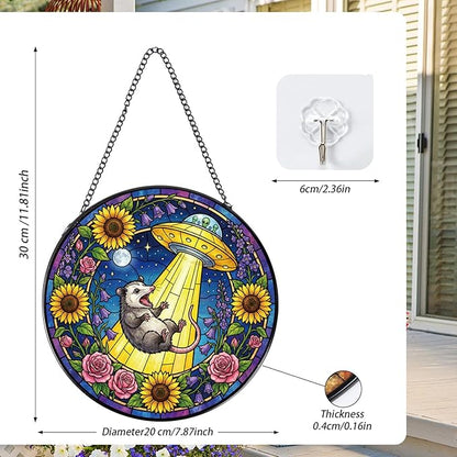 Rngmsi Funny Stained Glass Window Hanging, 8 Inch Opossum Sun Catcher Gift for Housewarming, Decorative Suncatchers Gifts for Wall Art Landscape Hanging Home Decor