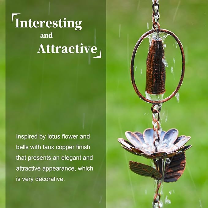 Glitzhome 8.5 FT Lotus Flower and Bell Rain Chains, Faux Copper Patina Finish Rain Chains for Gutters, Adjustable Rain Catcher Chain with V-Shaped Gutter