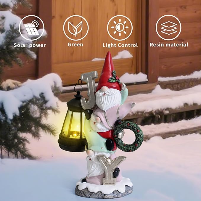 Garden Gnome Statue with Solar Lights, Funny Triple Gnome Holding Joy Outdoor Resin Sculptures Decor for Home Patio Lawn Yard Porch Balcony, Housewarming Birthday Gifts
