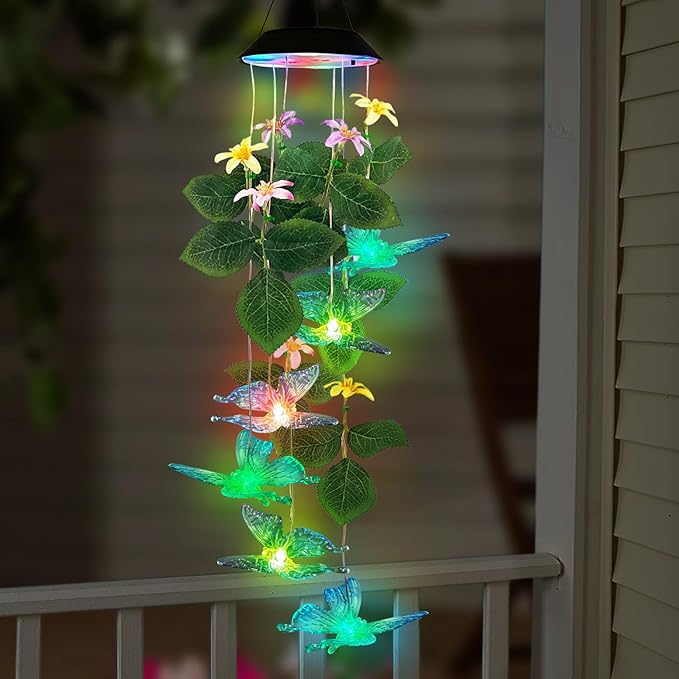 Butterfly Solar Wind Chimes Outside,Color Changing Solar Lights Dangler Mobiles for Outdoor,Hanging Decoraition for Patio,Porch,Yard,Gifts for Women