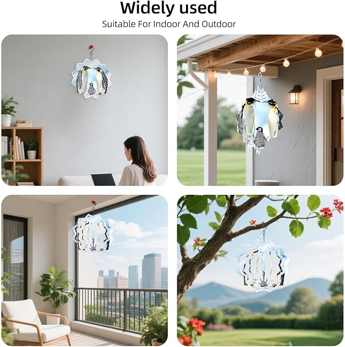 8 Inch Sublimation Wind Spinner, 3D Aluminum Metal Wind Spinner with Hook, Indoor Yard Garden Hanging Decoration, Weather Resistant Rotating Spiral Ornament, Penguin Family