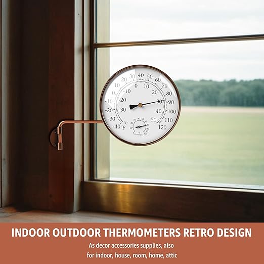 6-Inch Outdoor Thermometer and Humidity Gauge, Window Thermometer for Outside Temperature and Humidity Monitor, Brass Analog Dial, Battery-Free for Patio, Garage, Greenhouse, Garden, Wall