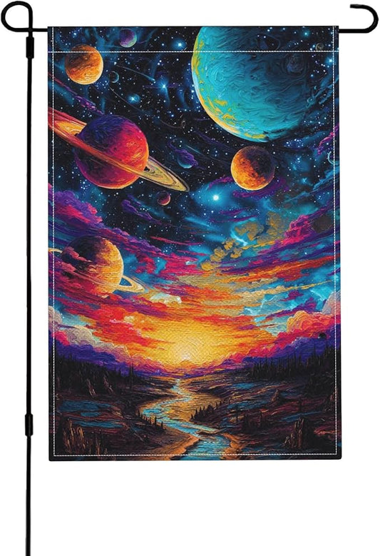 Galaxy Starry Sky Planet Garden Flag Seasonal Double Sided 12 x 18 Inch Small Yard Flag for Indoor Outdoor Decor Holiday All Seasons