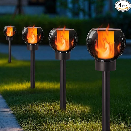 Dynaming 4 Pack Solar Torch Lights Outdoor, Flickering Flame Christmas Pathway Solar Globe Lights, Auto On/Off Garden Decorative Light, Waterproof for Landscape Lawn Patio Yard Walkway Deck Driveway