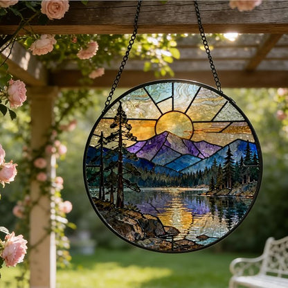 Rustic Lake Mountain Sunset Stained Glass Window Hanging, Nature Forest Lake Scenic Landscape Suncatcher Indoor Window Glass Round Wall Art Decor, 7.9x7.9 Inch