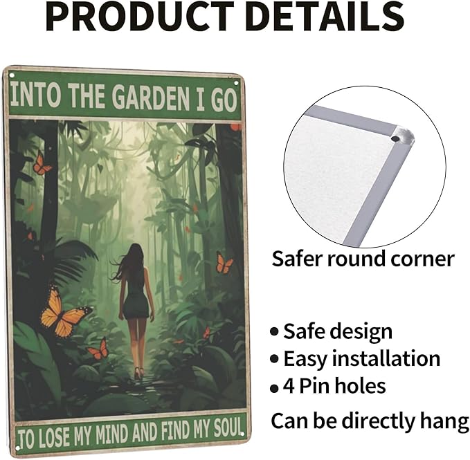 Boho Retro Tin Wall Art Funny Hippie Girl Bathroom Decor, Garden Gifts & Metal Signs; 8x12 inch for Office, Dining Room, Coffee Bar - 'Into The Garden I Go To Lose My Mind And Find My Soul'