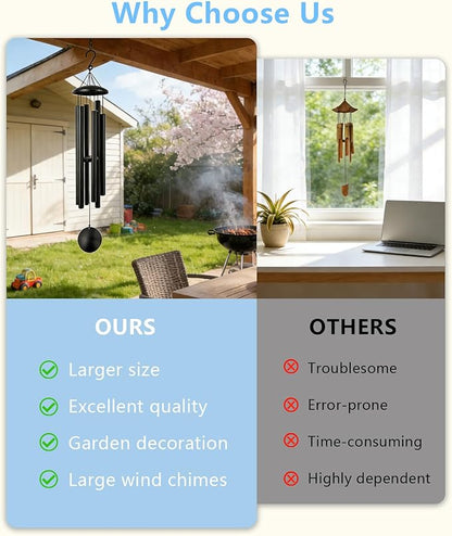 48 Inch Memorial Wind Chimes Outdoor, Large Deep Tone with 6 Heavy Aluminum Tubes, Hand-Tuned Sympathy Gift for Loss of Loved One, Garden Hanging Decor for Yard, Black (48")